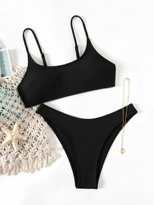 SHEIN Swim 女士夏季度假风格简约纯色比基尼套装 - 黑色 - 查看 2