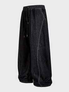 EASEVO Plus Drawstring Waist Top-Stitching Straight Leg Pants Halloween Winter Party Autumn - Black - View 2