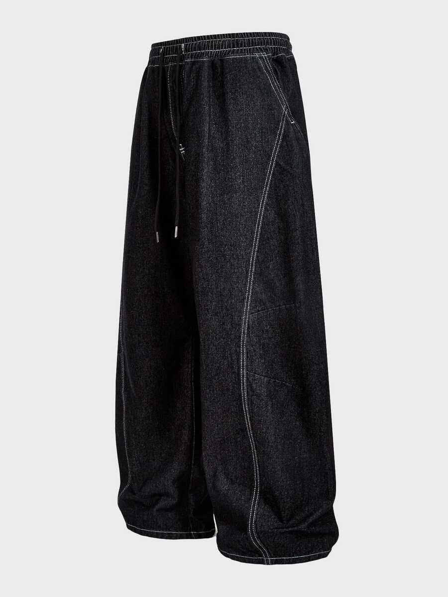 EASEVO Plus Drawstring Waist Top-Stitching Straight Leg Pants Halloween Winter Party Autumn - Black - View 1