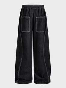 EASEVO Plus Drawstring Waist Top-Stitching Straight Leg Pants Halloween Winter Party Autumn - Black - View 8