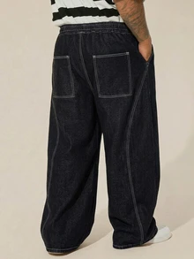EASEVO Plus Drawstring Waist Top-Stitching Straight Leg Pants Halloween Winter Party Autumn - Black - View 3