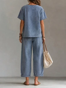 LUMIGAL Setelan Denim Kasual Wanita: Atasan Lengan Pendek dengan Kancing dan Celana Panjang - Biru - View 2