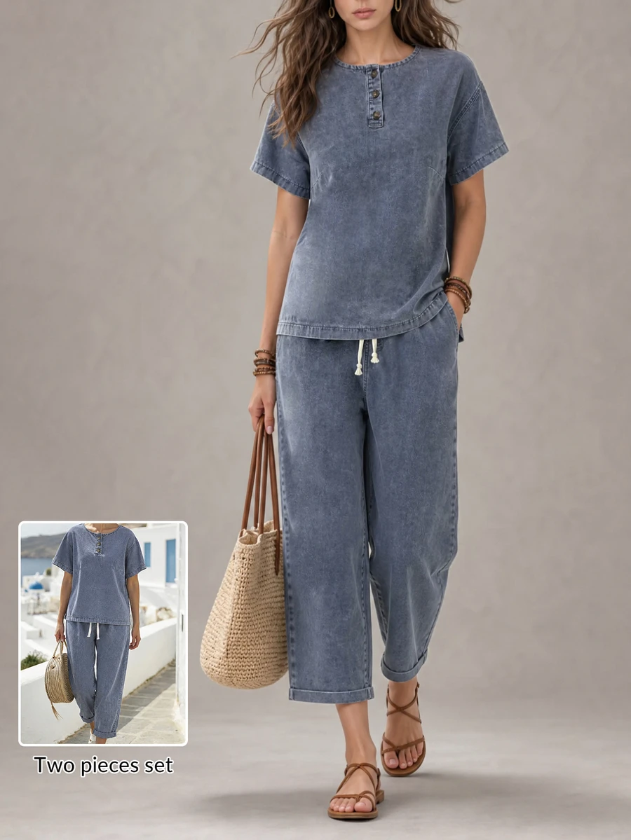 LUMIGAL Setelan Denim Kasual Wanita: Atasan Lengan Pendek dengan Kancing dan Celana Panjang - Biru - View 1
