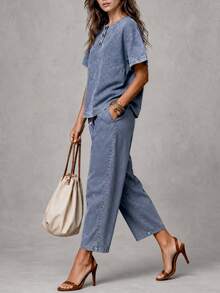 LUMIGAL Setelan Denim Kasual Wanita: Atasan Lengan Pendek dengan Kancing dan Celana Panjang - Biru - View 4