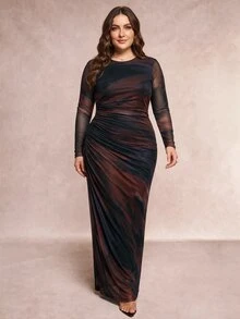 SHEIN Tall CURVE 大尺碼女款紮染圓領長袖百褶優雅洋裝 - 彩色 - 查看 7