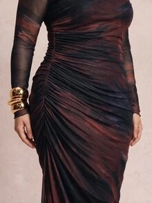SHEIN Tall CURVE 大尺碼女款紮染圓領長袖百褶優雅洋裝 - 彩色 - 查看 4