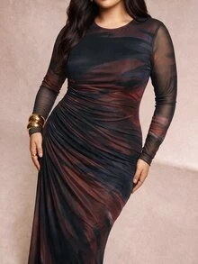 SHEIN Tall CURVE 大尺碼女款紮染圓領長袖百褶優雅洋裝 - 彩色 - 查看 5
