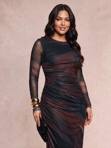 SHEIN Tall CURVE 大尺碼女款紮染圓領長袖百褶優雅洋裝 - 彩色 - 查看 9