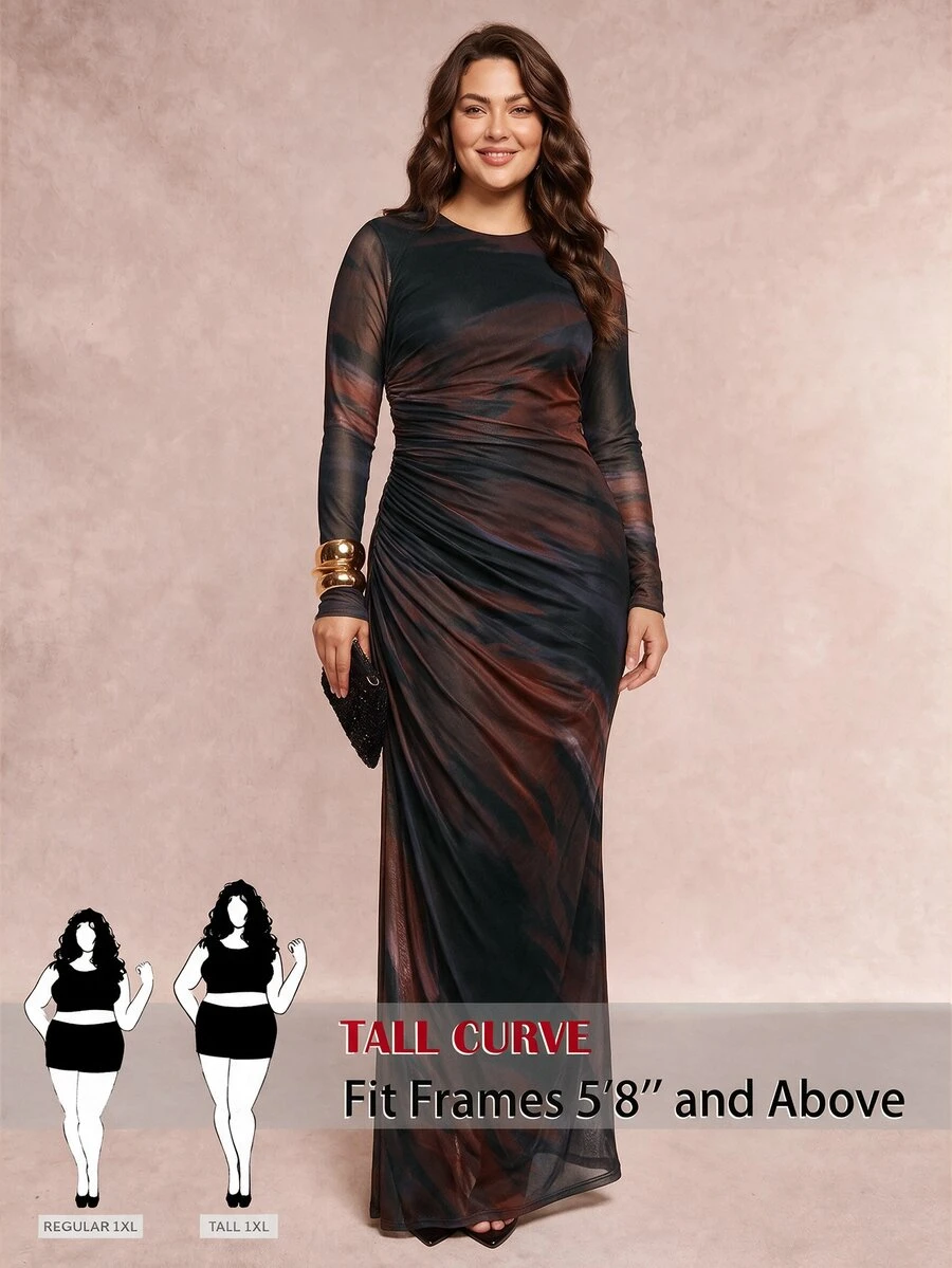 SHEIN Tall CURVE 大尺碼女款紮染圓領長袖百褶優雅洋裝 - 彩色 - 查看 1