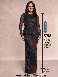 SHEIN Tall CURVE 大尺碼女款紮染圓領長袖百褶優雅洋裝 - 彩色 - 查看 2