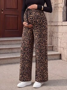 Momance Maternity Leopard Print Casual Lounge Pants, Autumn - Brown - View 9