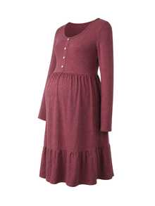 SHEIN Maternity-D Women's Burgundy Ruffle Hem Round Neck Button Decor Maternity Dress, Autumn/Winter Fall - Burgundy - View 7