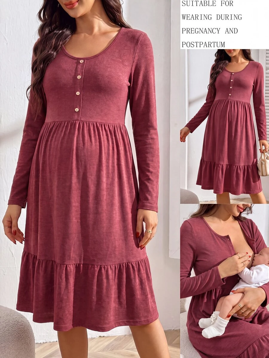 SHEIN Maternity-D Women's Burgundy Ruffle Hem Round Neck Button Decor Maternity Dress, Autumn/Winter Fall - Burgundy - View 1