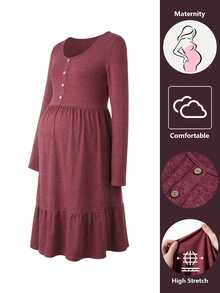 SHEIN Maternity-D Women's Burgundy Ruffle Hem Round Neck Button Decor Maternity Dress, Autumn/Winter Fall - Burgundy - View 4