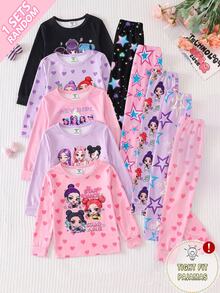 Young Girl Round Neck Cartoon Print Long Sleeve Top And Pants Casual Daily Home Pajama Set - Multicolor - View 1