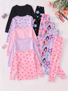 Young Girl Round Neck Cartoon Print Long Sleeve Top And Pants Casual Daily Home Pajama Set - Multicolor - View 2