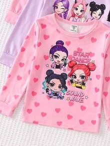 Young Girl Round Neck Cartoon Print Long Sleeve Top And Pants Casual Daily Home Pajama Set - Multicolor - View 3