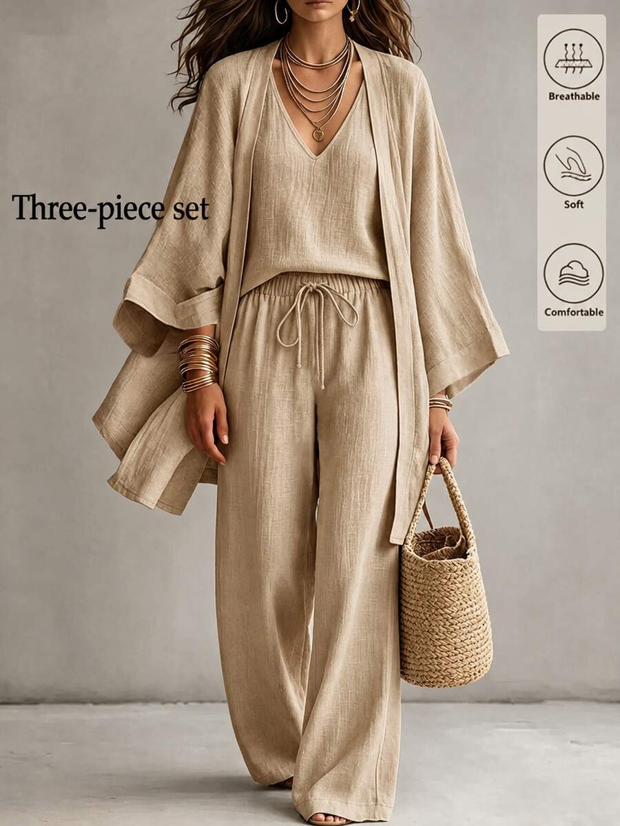 Linhara CURVE Plus Solid Open Front Coat & Tank Top & Wide Leg Pants - Khaki - View 1