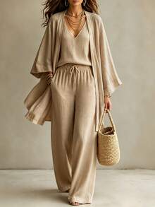 Linhara CURVE Plus Solid Open Front Coat & Tank Top & Wide Leg Pants - Khaki - View 3