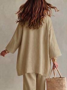 Linhara CURVE Plus Solid Open Front Coat & Tank Top & Wide Leg Pants - Khaki - View 2