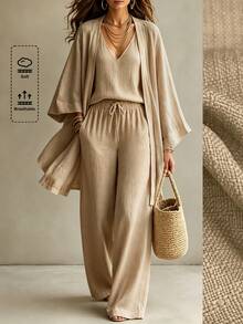 Linhara CURVE Plus Solid Open Front Coat & Tank Top & Wide Leg Pants - Khaki - View 4