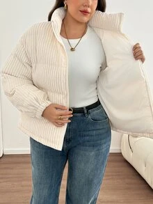 SHEIN LUNE Plus Size Versatile Comfortable Long Sleeve Zipper Padded Coat For Vacation - Beige - View 3