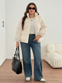SHEIN LUNE Plus Size Versatile Comfortable Long Sleeve Zipper Padded Coat For Vacation - Beige - View 8