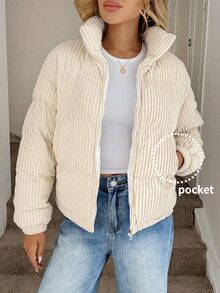 SHEIN LUNE Plus Size Versatile Comfortable Long Sleeve Zipper Padded Coat For Vacation - Beige - View 2