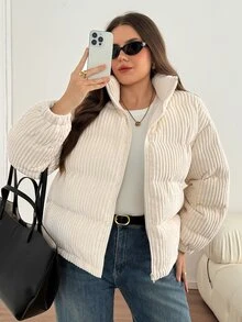 SHEIN LUNE Plus Size Versatile Comfortable Long Sleeve Zipper Padded Coat For Vacation - Beige - View 7