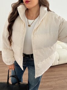 SHEIN LUNE Plus Size Versatile Comfortable Long Sleeve Zipper Padded Coat For Vacation - Beige - View 4
