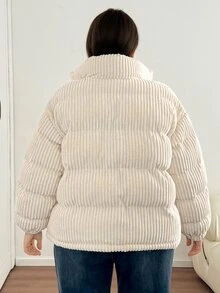 SHEIN LUNE Plus Size Versatile Comfortable Long Sleeve Zipper Padded Coat For Vacation - Beige - View 5