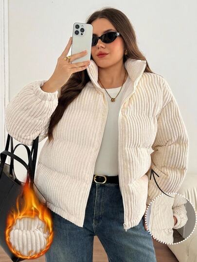 SHEIN LUNE Plus Size Versatile Comfortable Long Sleeve Zipper Padded Coat For Vacation