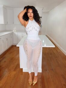 BamGleam Women's Mesh Halter Top And Leggings Sexy Set - White - View 7