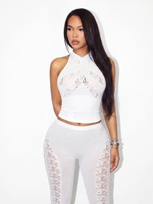 BamGleam Women's Mesh Halter Top And Leggings Sexy Set - White - View 6