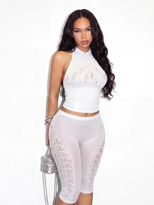 BamGleam Women's Mesh Halter Top And Leggings Sexy Set - White - View 2