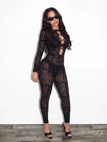 BamGleam Women's Hollow Out Sexy Daily Wear Jumpsuit - Black - View 5