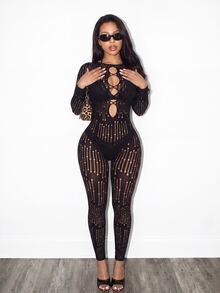 BamGleam Women's Hollow Out Sexy Daily Wear Jumpsuit - Black - View 3