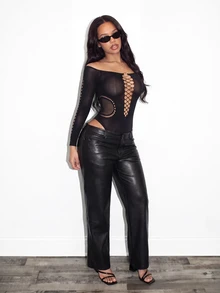 BamGleam Sexy Hollow Off Shoulder Bodysuit - Black - View 5