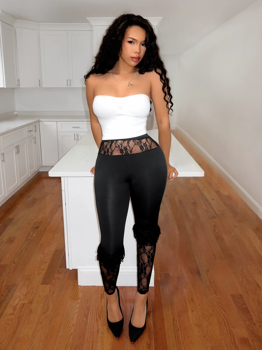 BamGleam Women's Lace Patchwork Casual Versatile Daily Wear Tight Leggings - Black - View 1