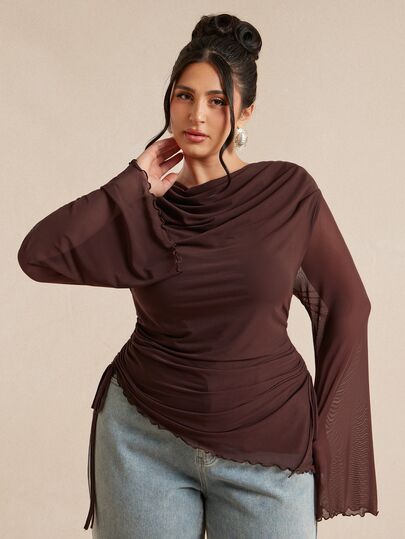 SHEIN BAE CURVE Plus Size Women Solid Color Asymmetric Mesh Long Sleeve Top Going Out Black Autumn Elegant Fall, Brown Mesh Blouse,Going Out,Halloween