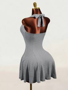 Mistrie Women's Sexy Ruched Plaid Halter Neck Tie Strap Vacation Dress - Black and White - View 3