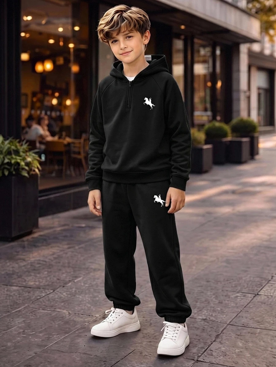 SHEIN Tween Boys Autumn Winter Hoodie & Kids Sweatshirt Co-Ords - Black - View 1