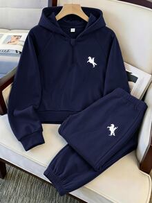 SHEIN Kids Tween Boy Knight Print Raglan Long Sleeve Autumn Winter Hoodie And Sweatpants Casual Set - Navy Blue - View 4