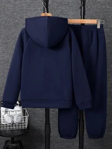 SHEIN Kids Tween Boy Knight Print Raglan Long Sleeve Autumn Winter Hoodie And Sweatpants Casual Set - Navy Blue - View 3