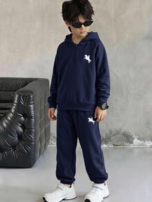 SHEIN Kids Tween Boy Knight Print Raglan Long Sleeve Autumn Winter Hoodie And Sweatpants Casual Set - Navy Blue - View 5