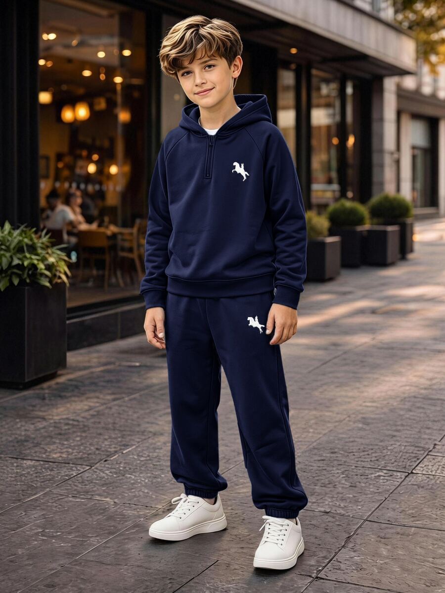 SHEIN Kids Tween Boy Knight Print Raglan Long Sleeve Autumn Winter Hoodie And Sweatpants Casual Set - Navy Blue - View 1