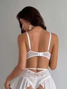 Firerie 2pcs/Set Party Lace Patchwork Ruffle Hem Bodystocking With Garter Belt + 2pcs Fishnet Stockings - White - View 2