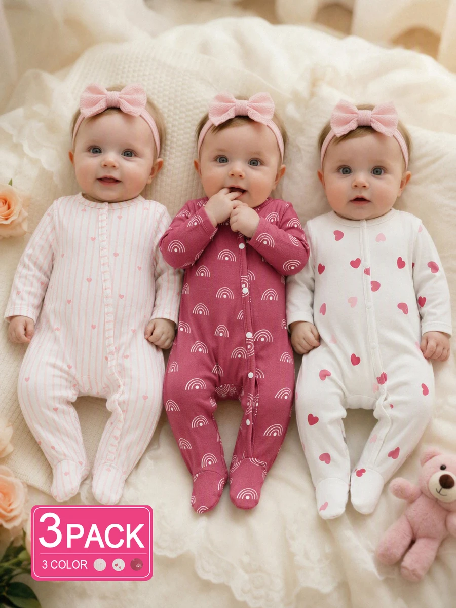 SHEIN Playful Pals Heart Print Newborn Romper Rainbow Khaki Color - Multicolor - View 1
