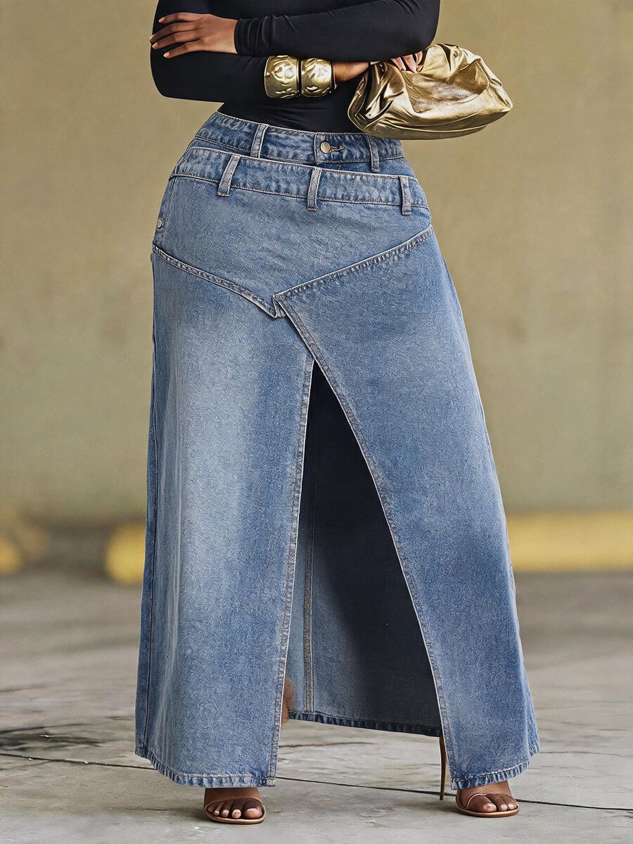 BamGleam Women's Double Waistband Split Design Casual Versatile Denim Skirt - Blue - View 1