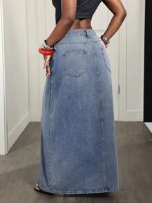 BamGleam Women's Double Waistband Split Design Casual Versatile Denim Skirt - Blue - View 3